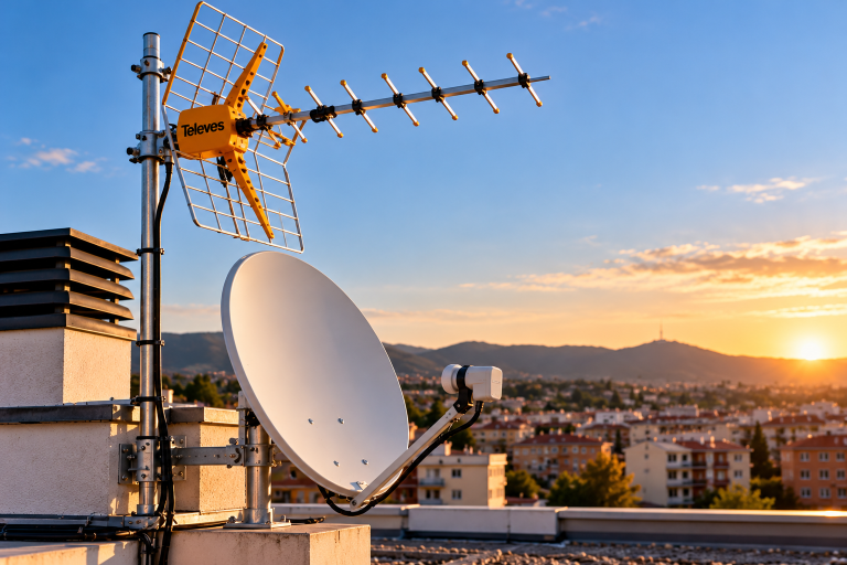 Antena de televisión y parabólica en una azotea de comunidad en el Vallès