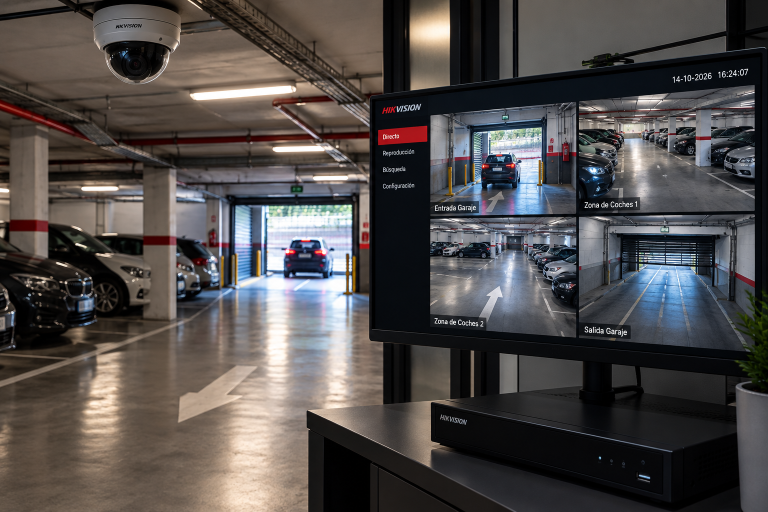 Cámaras de seguridad y grabador CCTV en un parking de comunidad
